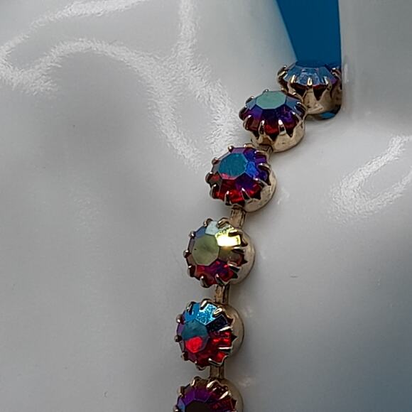 Vintage Red Rhinestone Bracelet, Aurora Borealis, 1950s Vintage Jewelry, 7 Inch - Picture 3 of 10
